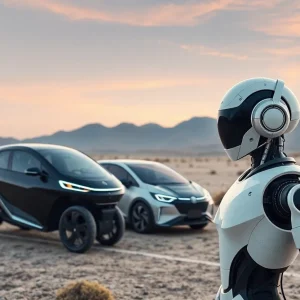 Futuristic landscape with electric vehicles and humanoid robots.