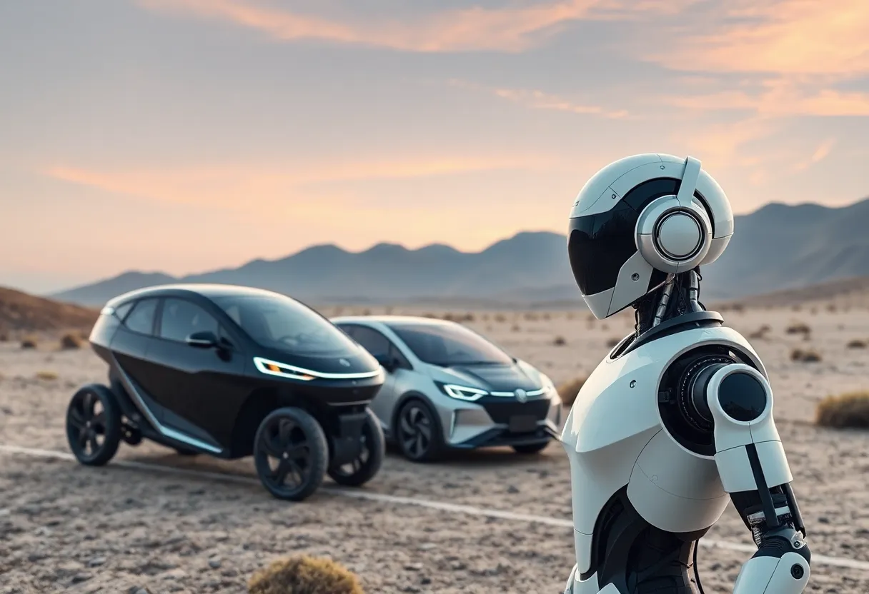 Futuristic landscape with electric vehicles and humanoid robots.