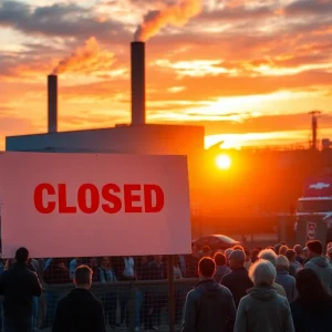 Sign indicating closure in front of a factory with a gloomy sky