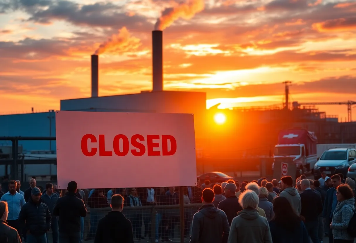 Sign indicating closure in front of a factory with a gloomy sky