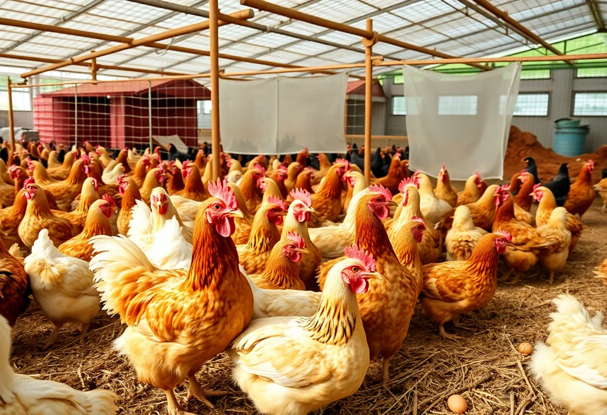 Farm depicting biosecurity measures and poultry