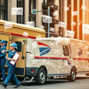 Modern postal service operations showcasing mail delivery vehicles and postal workers.