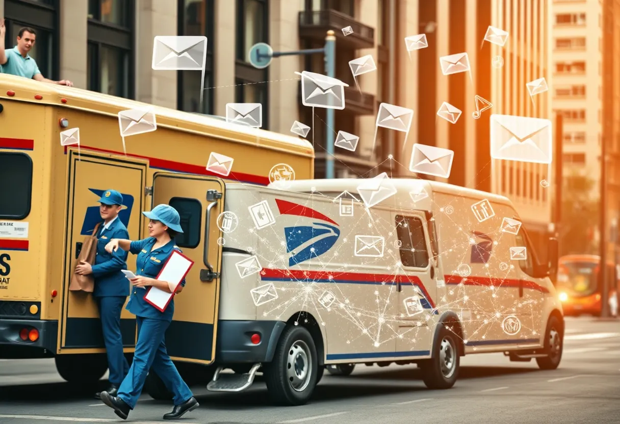 Modern postal service operations showcasing mail delivery vehicles and postal workers.