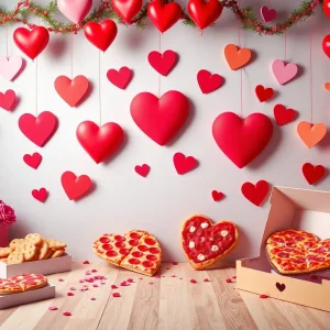 Festive Valentine's Day decorations with heart shapes and AR elements.