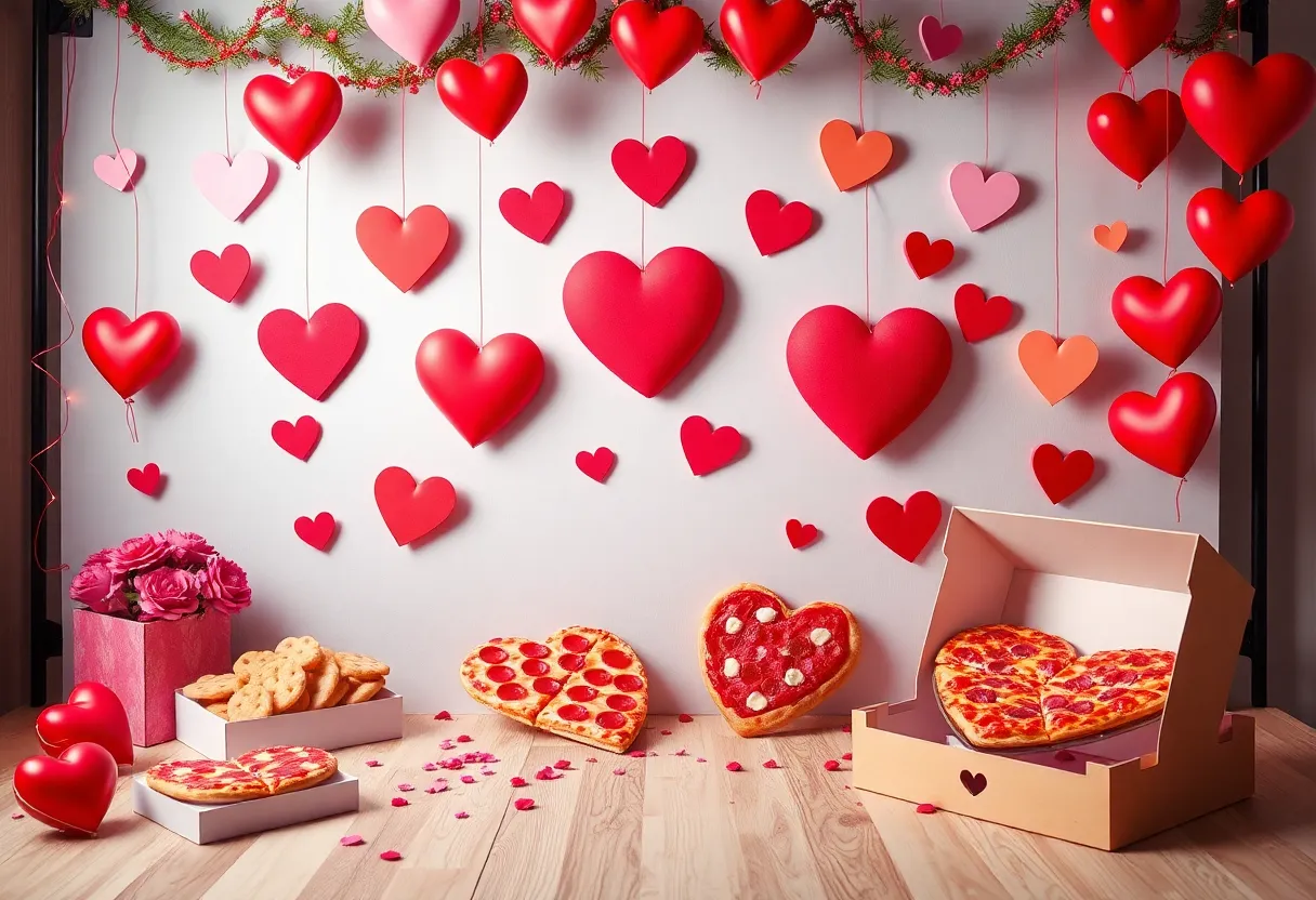 Festive Valentine's Day decorations with heart shapes and AR elements.