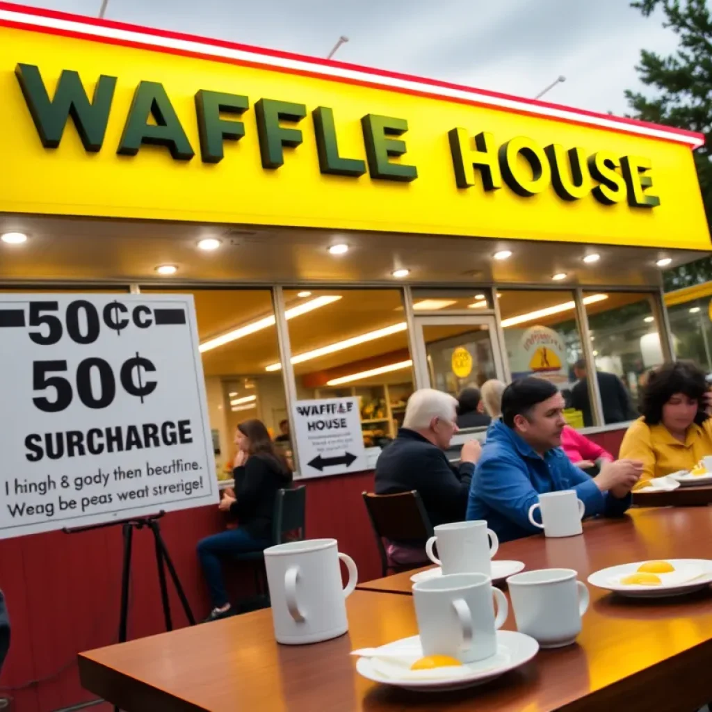 Customers at Waffle House enjoying egg dishes with a surcharge notice.