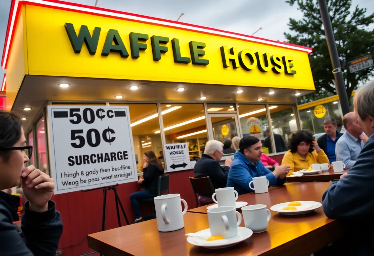 Customers at Waffle House enjoying egg dishes with a surcharge notice.