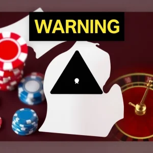 Warning sign indicating unlicensed gambling activity with casino elements and Michigan outline.