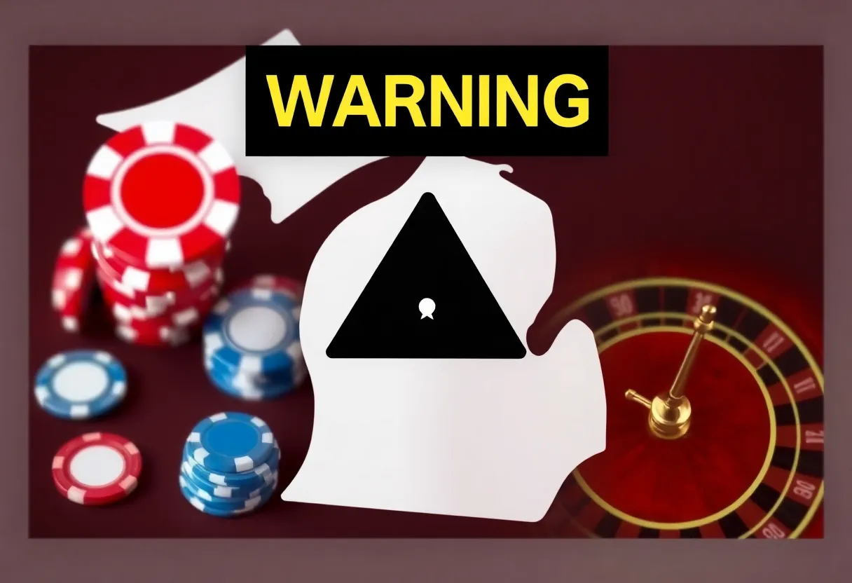 Warning sign indicating unlicensed gambling activity with casino elements and Michigan outline.