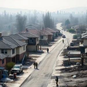 A neighborhood in California affected by wildfires with destruction visible.