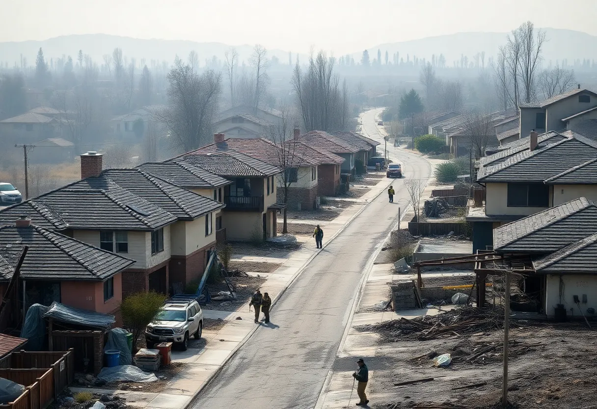 A neighborhood in California affected by wildfires with destruction visible.