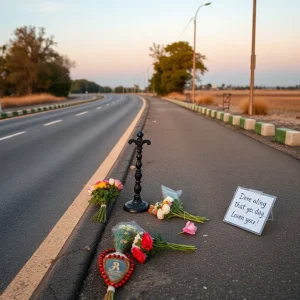 A memorial with flowers and a message on the side of the road