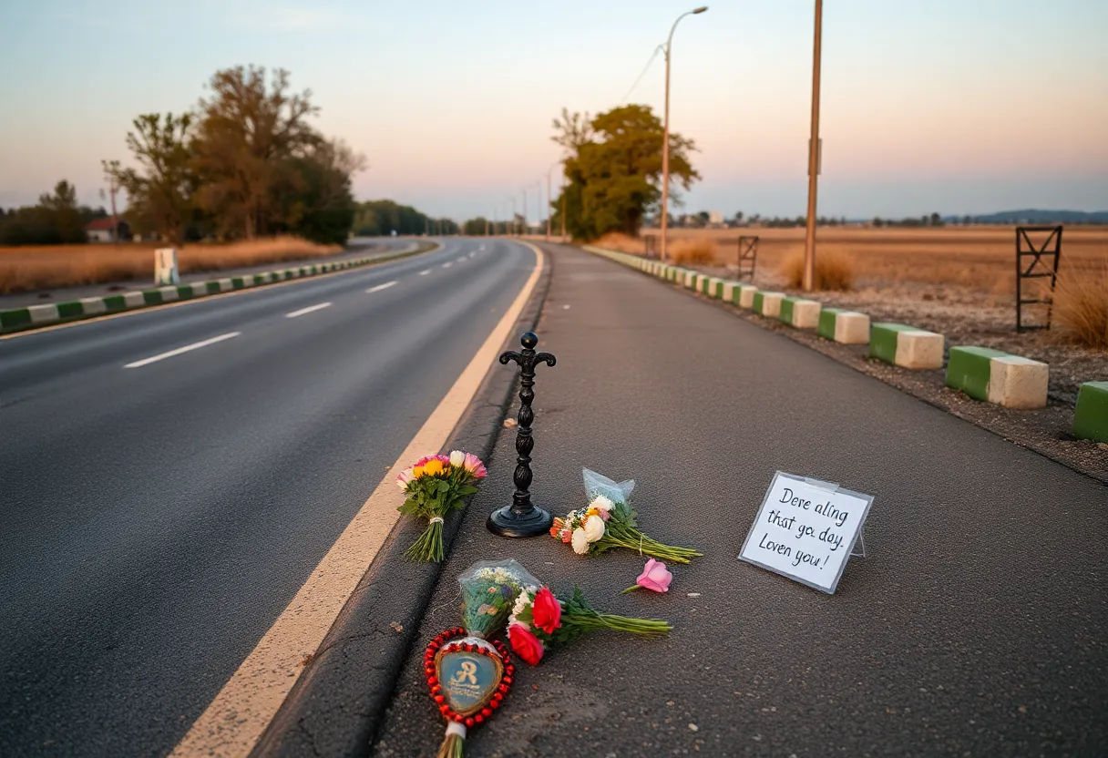 A memorial with flowers and a message on the side of the road