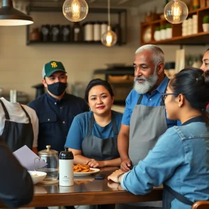 Group of diverse restaurant workers discussing wages