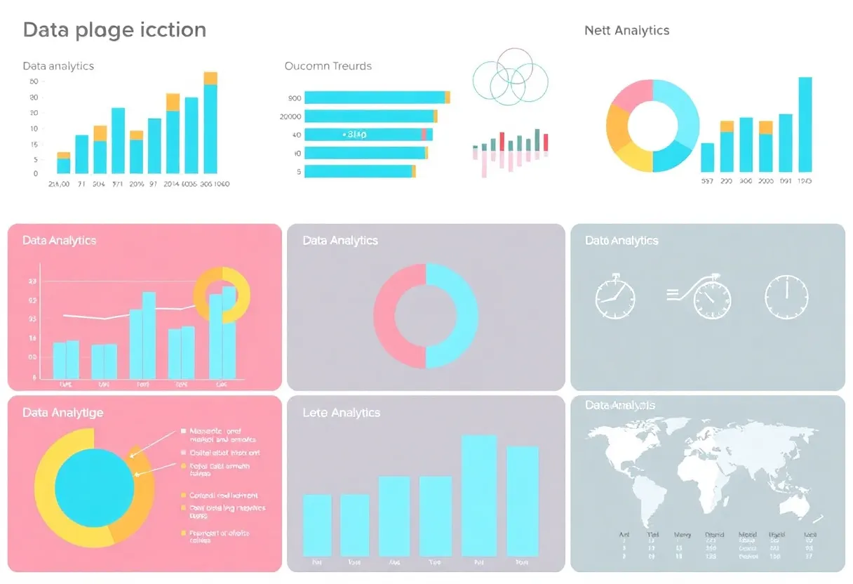 Data analytics charts with digital marketing icons and trends.