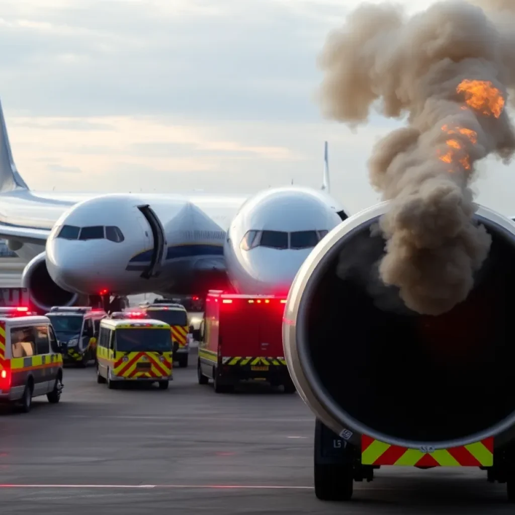 Smoke rising from the engine of American Airlines Flight 1006 after emergency landing.