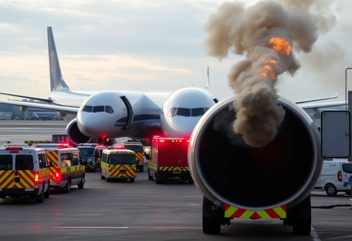 Smoke rising from the engine of American Airlines Flight 1006 after emergency landing.