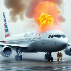 Smoke rising from an American Airlines aircraft on the runway.