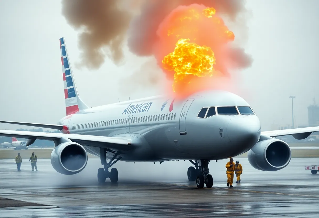 Smoke rising from an American Airlines aircraft on the runway.