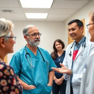 Healthcare professional discussing Amvuttra treatment with patients in a clinic.