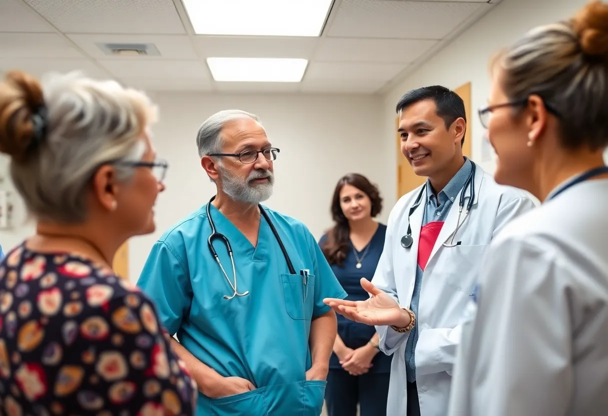 Healthcare professional discussing Amvuttra treatment with patients in a clinic.