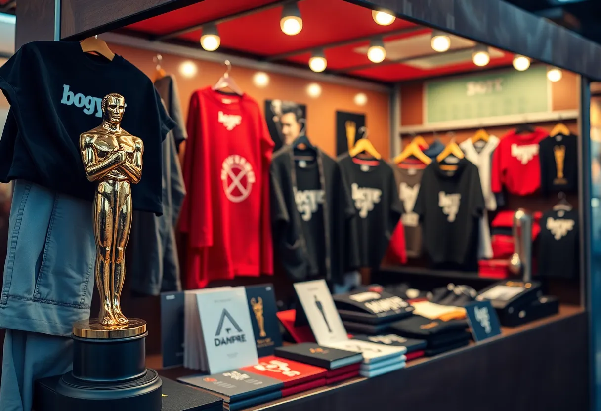 Oscar statuette with Anora film merchandise display