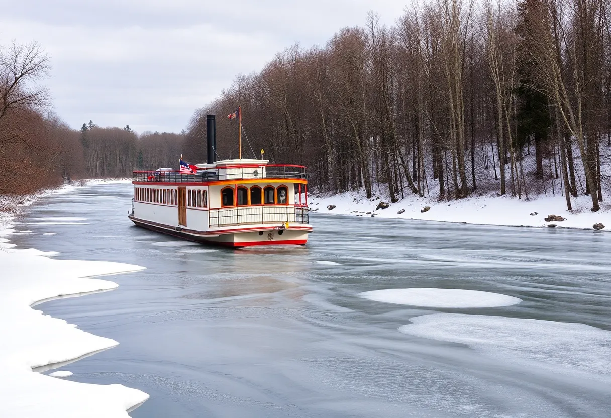 Submerged AuSable River Queen paddleboat in winter landscape