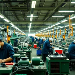 Manufacturing workers in China engaged in production activities