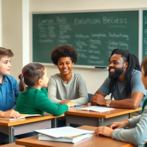 Classroom scene depicting students discussing rights and beliefs