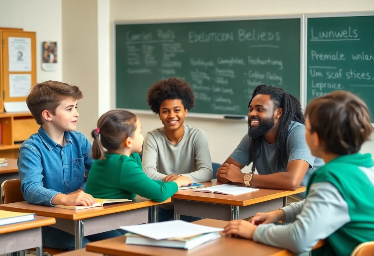 Classroom scene depicting students discussing rights and beliefs