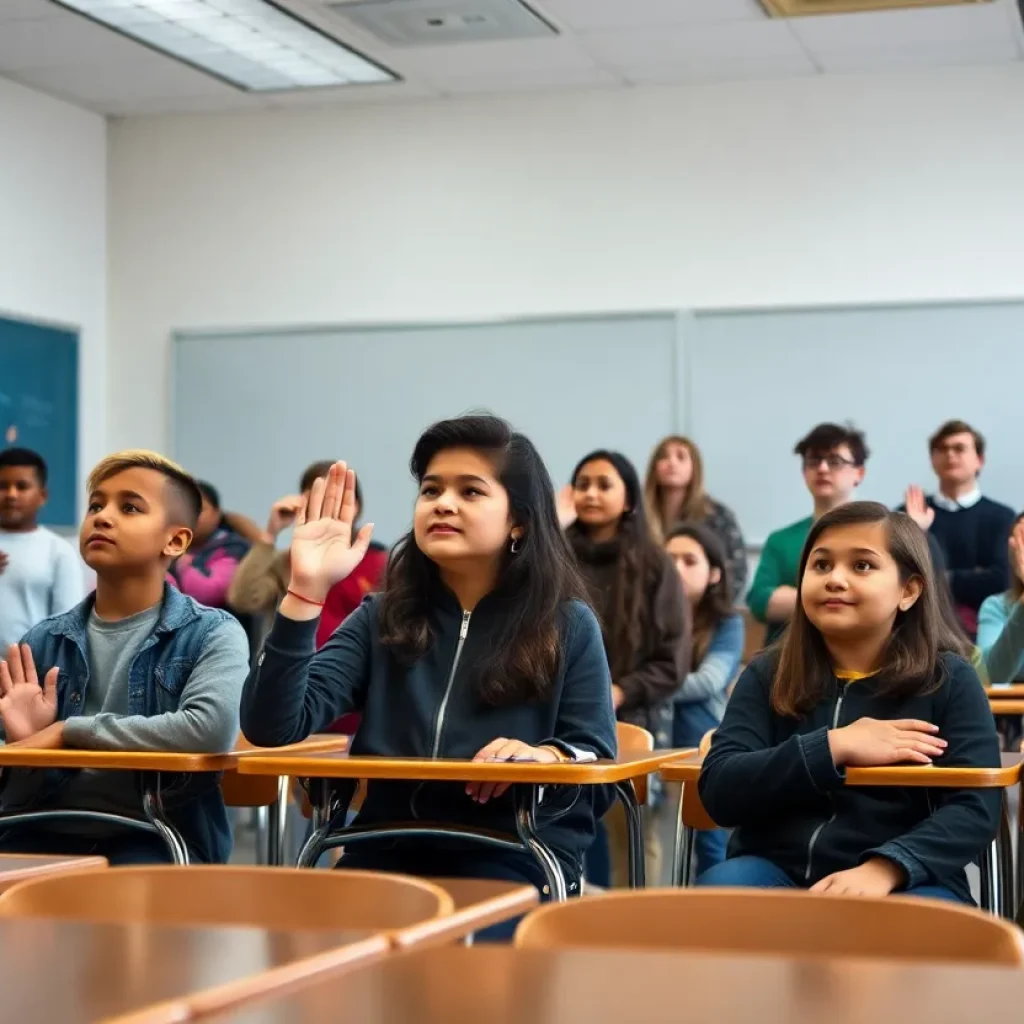 Diverse students in a classroom, some standing and some seated during the Pledge of Allegiance, representing differing views on protest.