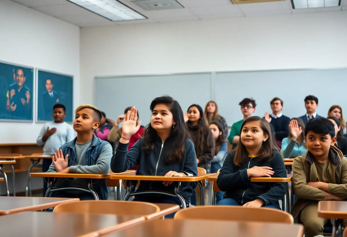 Diverse students in a classroom, some standing and some seated during the Pledge of Allegiance, representing differing views on protest.