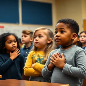 Classroom moment during Pledge of Allegiance with students sitting in silence.