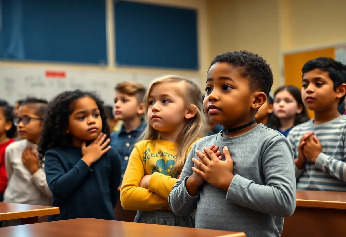 Classroom moment during Pledge of Allegiance with students sitting in silence.