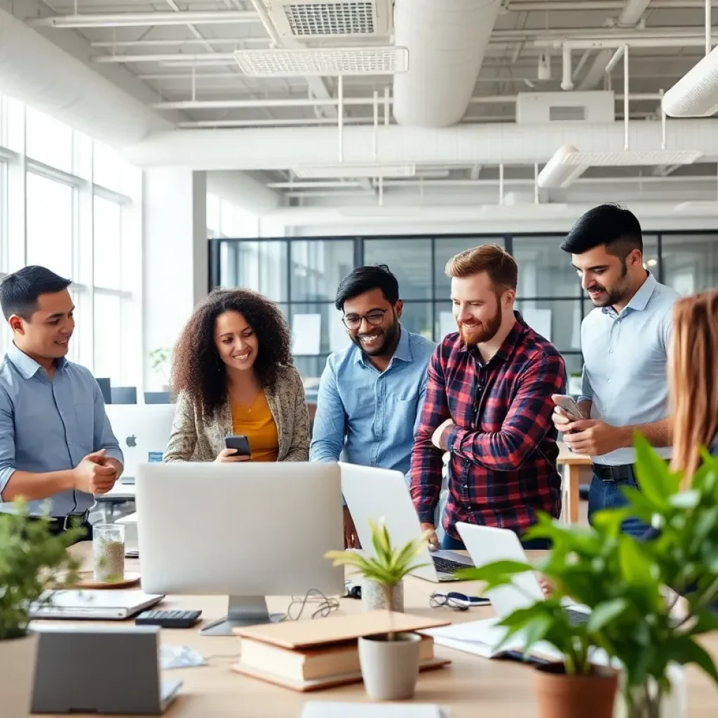 A diverse team collaborating in a modern office setting