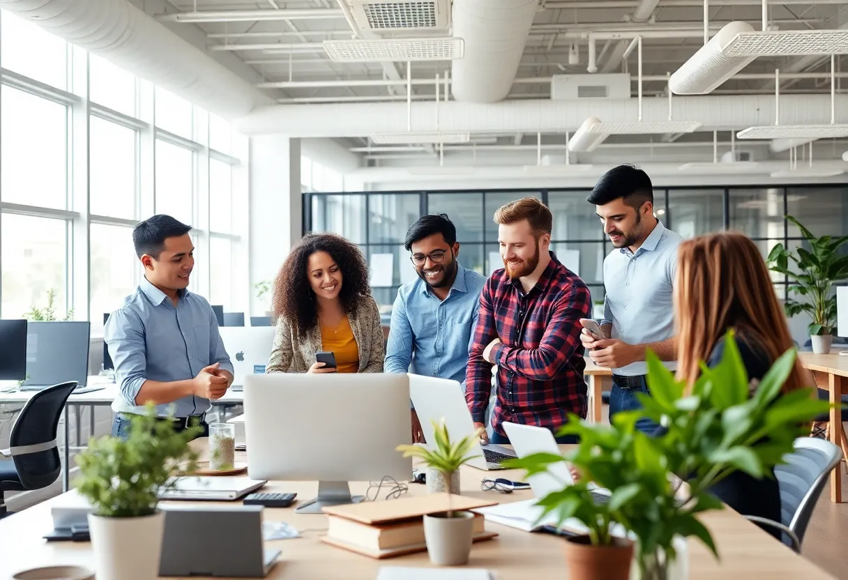 A diverse team collaborating in a modern office setting