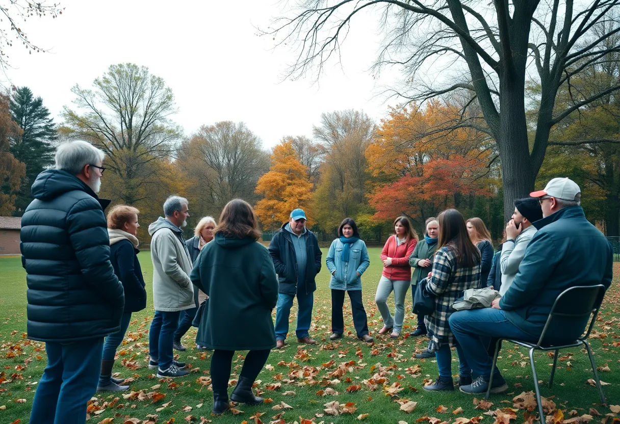 Community members discussing driving safety in a park