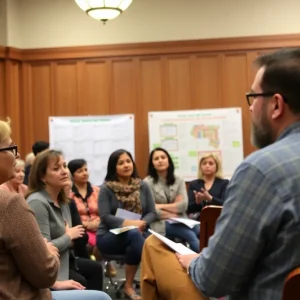 Community members engaged in a meeting about housing solutions for the homeless in Missoula.