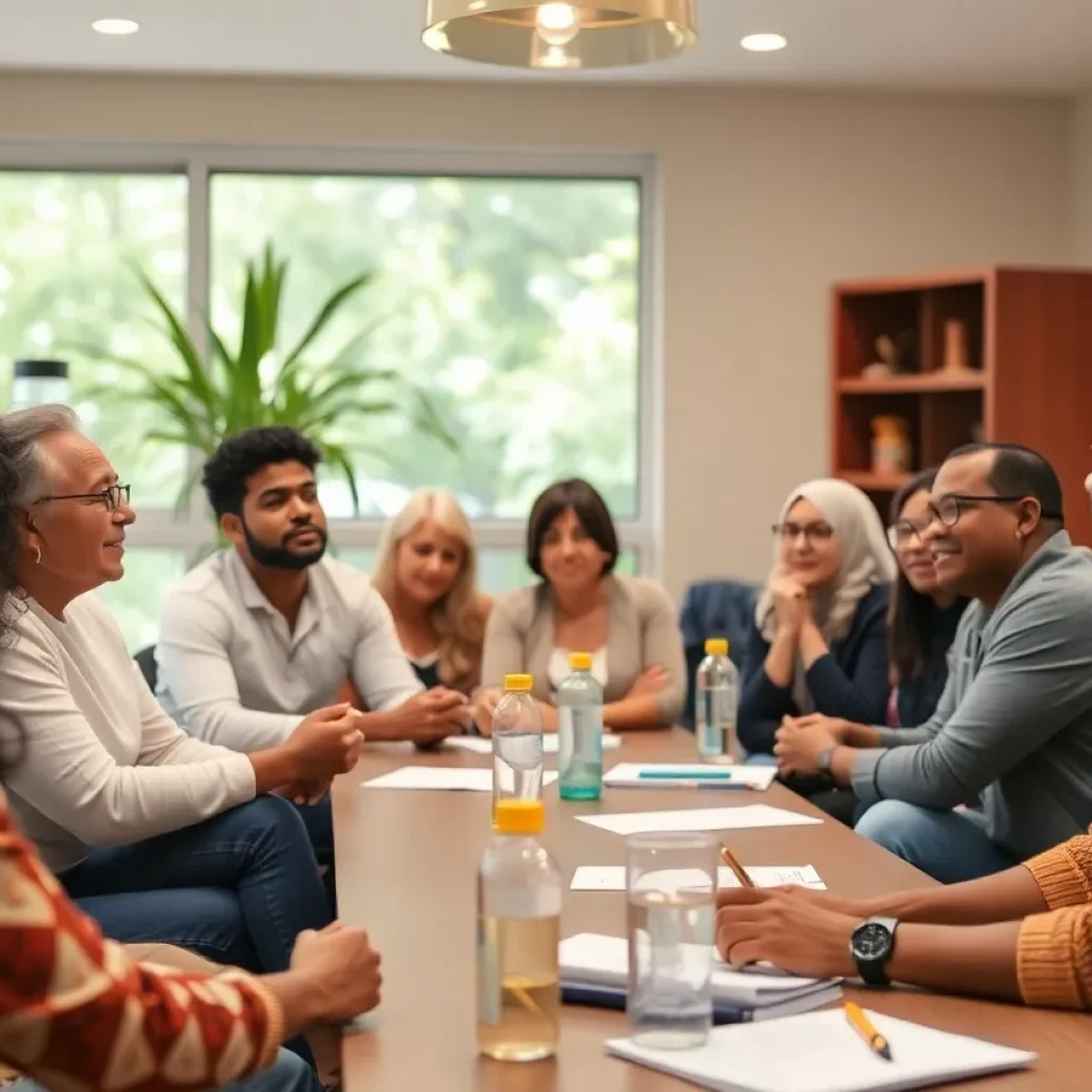 Group of people in a community meeting discussing homelessness prevention