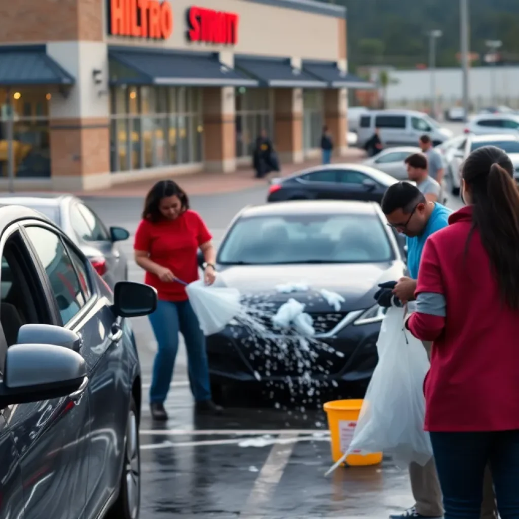 Community members washing cars in a parking lot as part of a service initiative.