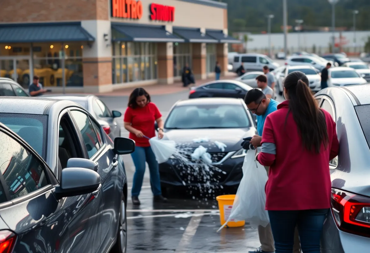 Community members washing cars in a parking lot as part of a service initiative.