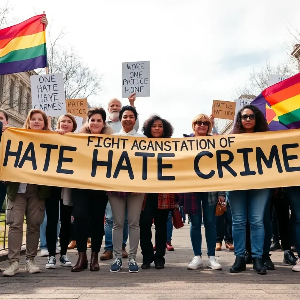 A diverse group of people holding banners promoting unity and justice against hate crimes.