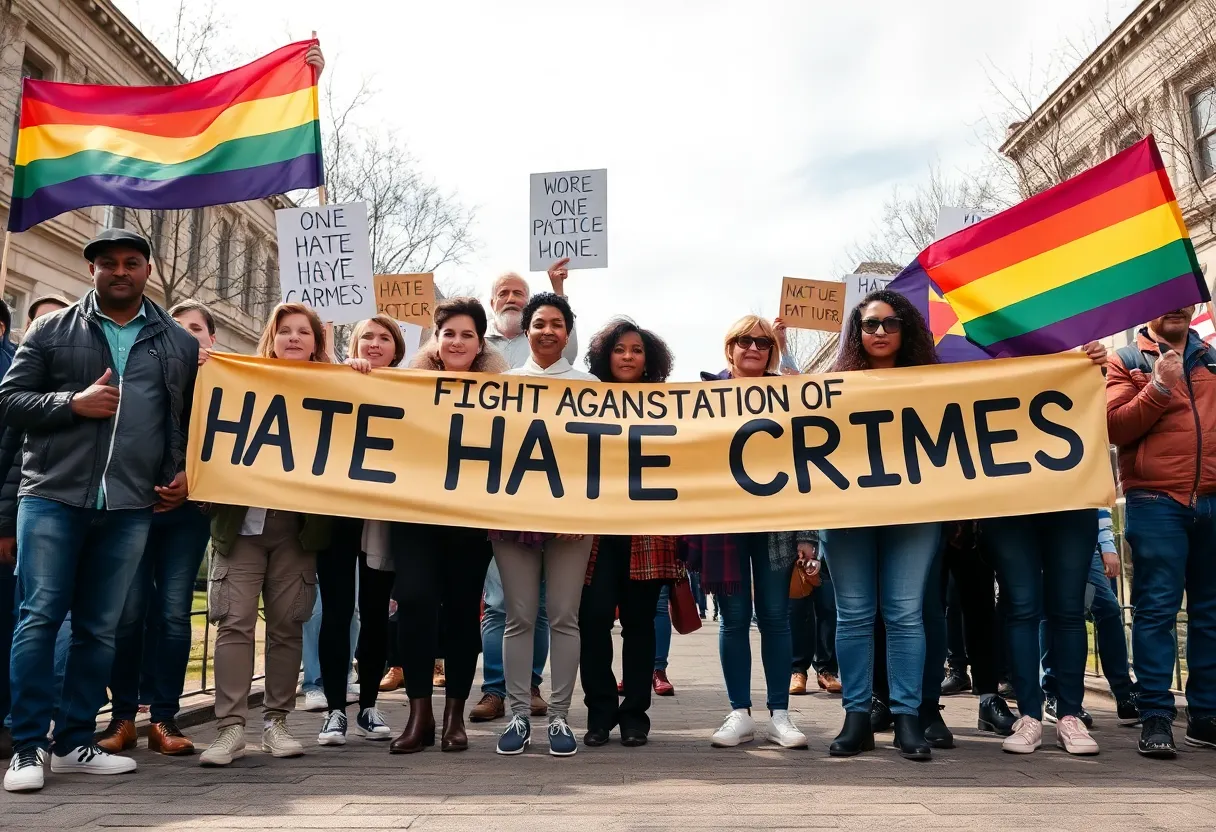 A diverse group of people holding banners promoting unity and justice against hate crimes.