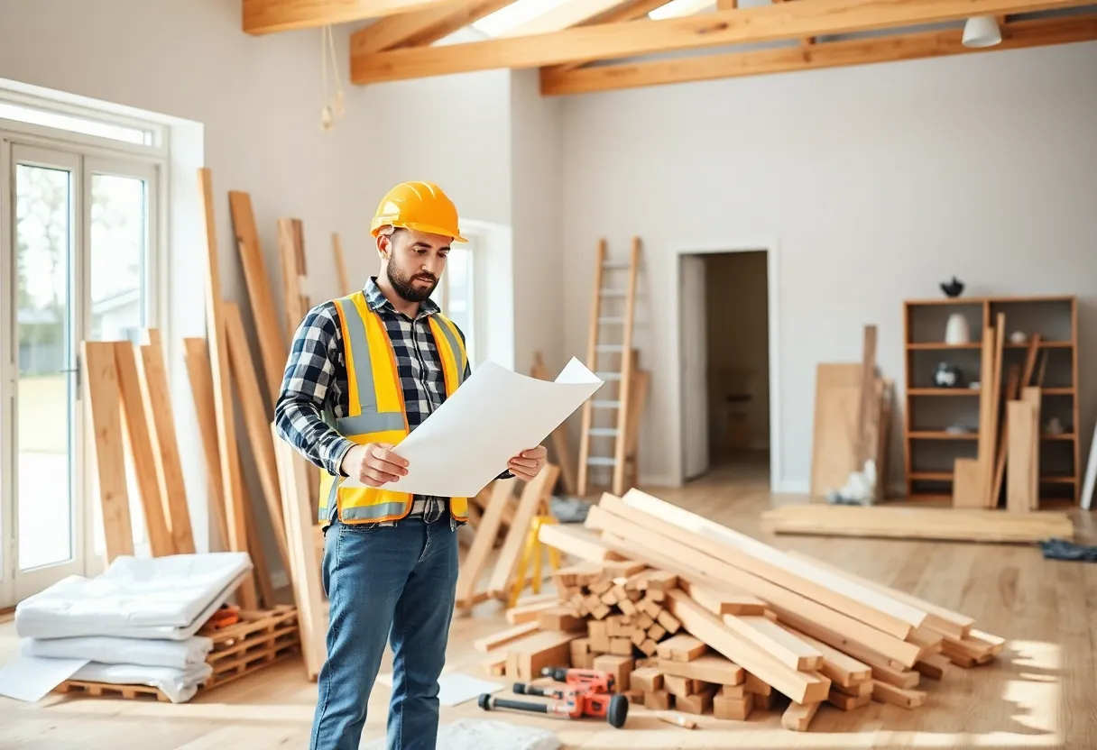 A construction worker analyzing renovation plans amidst rising material costs.