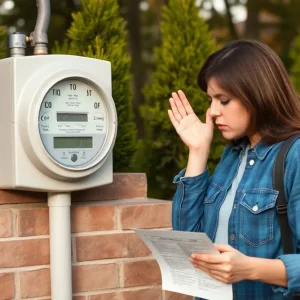 A household surprised by rising electric bills with a backdrop of tree trimming.