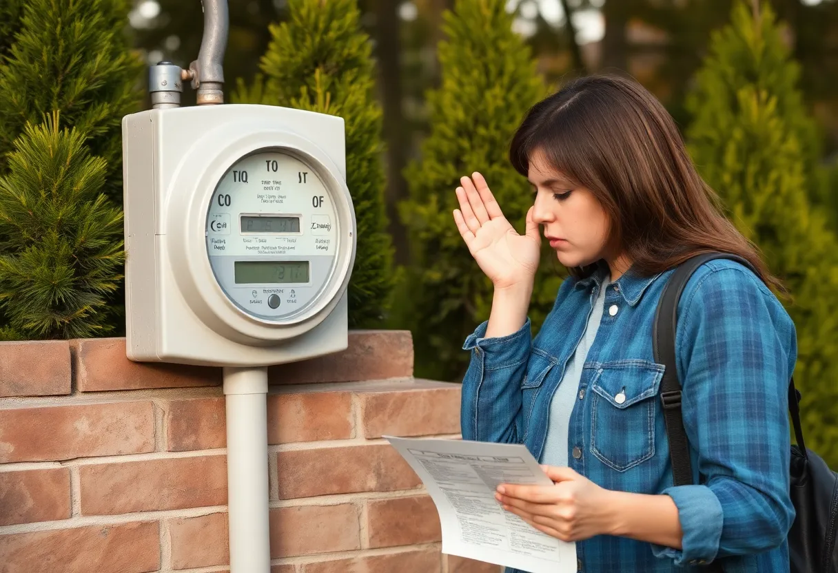 A household surprised by rising electric bills with a backdrop of tree trimming.