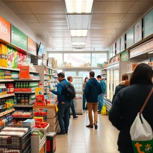 A vibrant convenience store with shoppers and products on display.