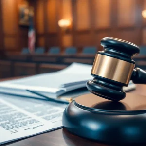 An empty courtroom with a gavel on the bench and legal documents