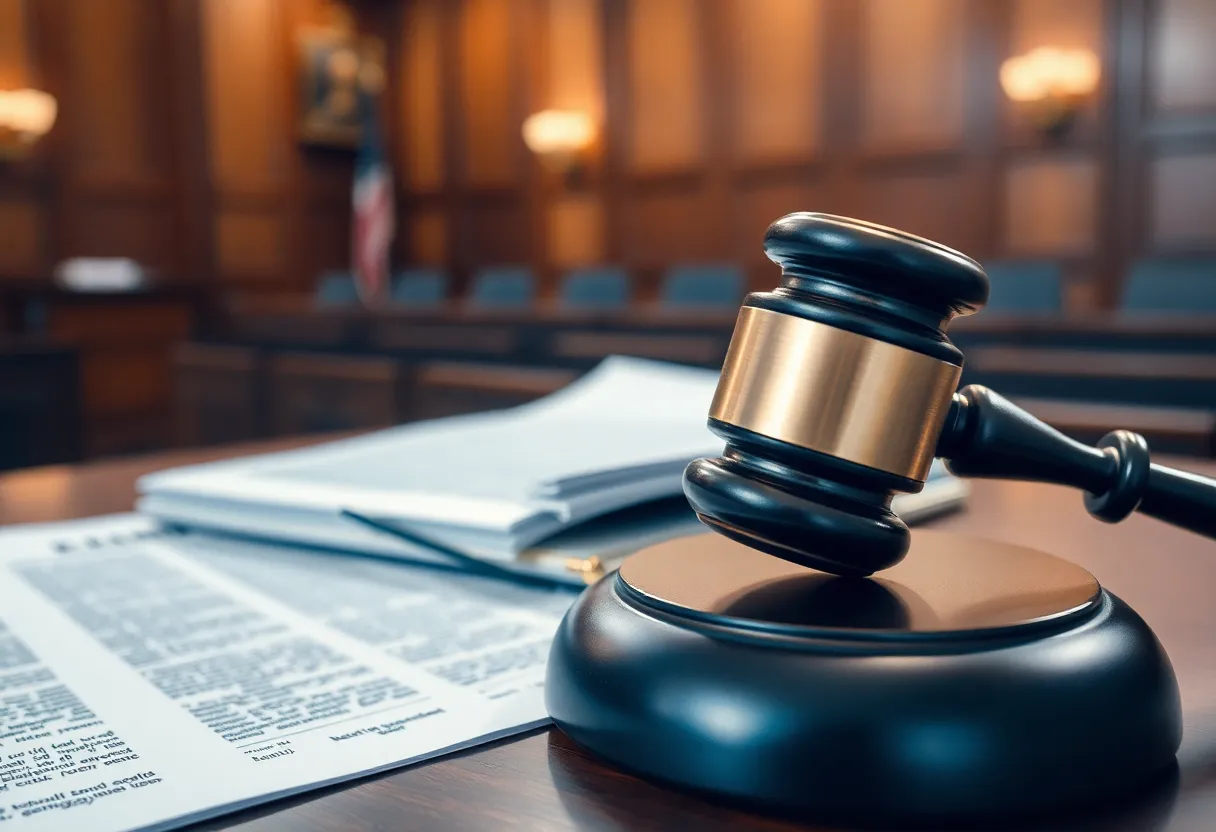 An empty courtroom with a gavel on the bench and legal documents