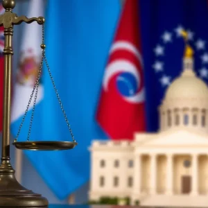 Representation of a courtroom with scales of justice and state flags.